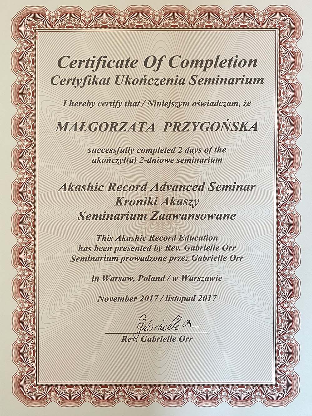 Certyfikat Kroniki Akaszy - Małgorzata Przygońska